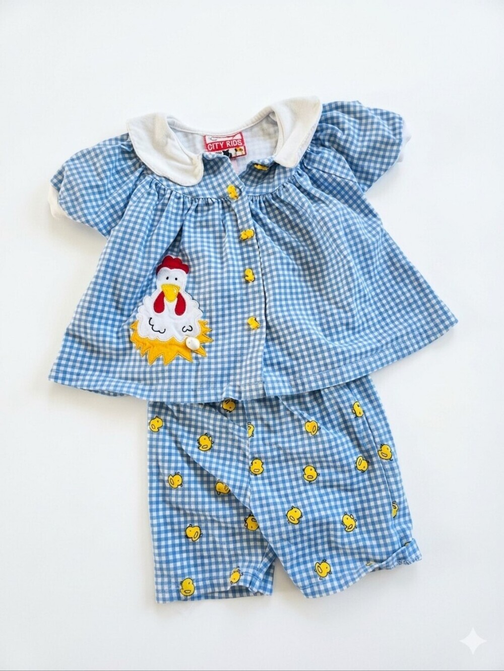 Vintage City Kids Blue Gingham Chicken & Duckling Outfit Set 2PC Top Shorts 24M